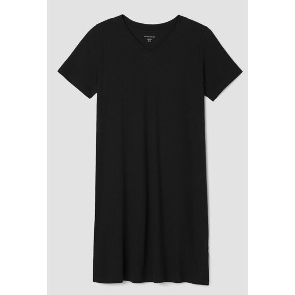 EILEEN FISHER Organic Cotton Slubby Jersey V-Neck Dress Black Minimalist Casual - Picture 2 of 14
